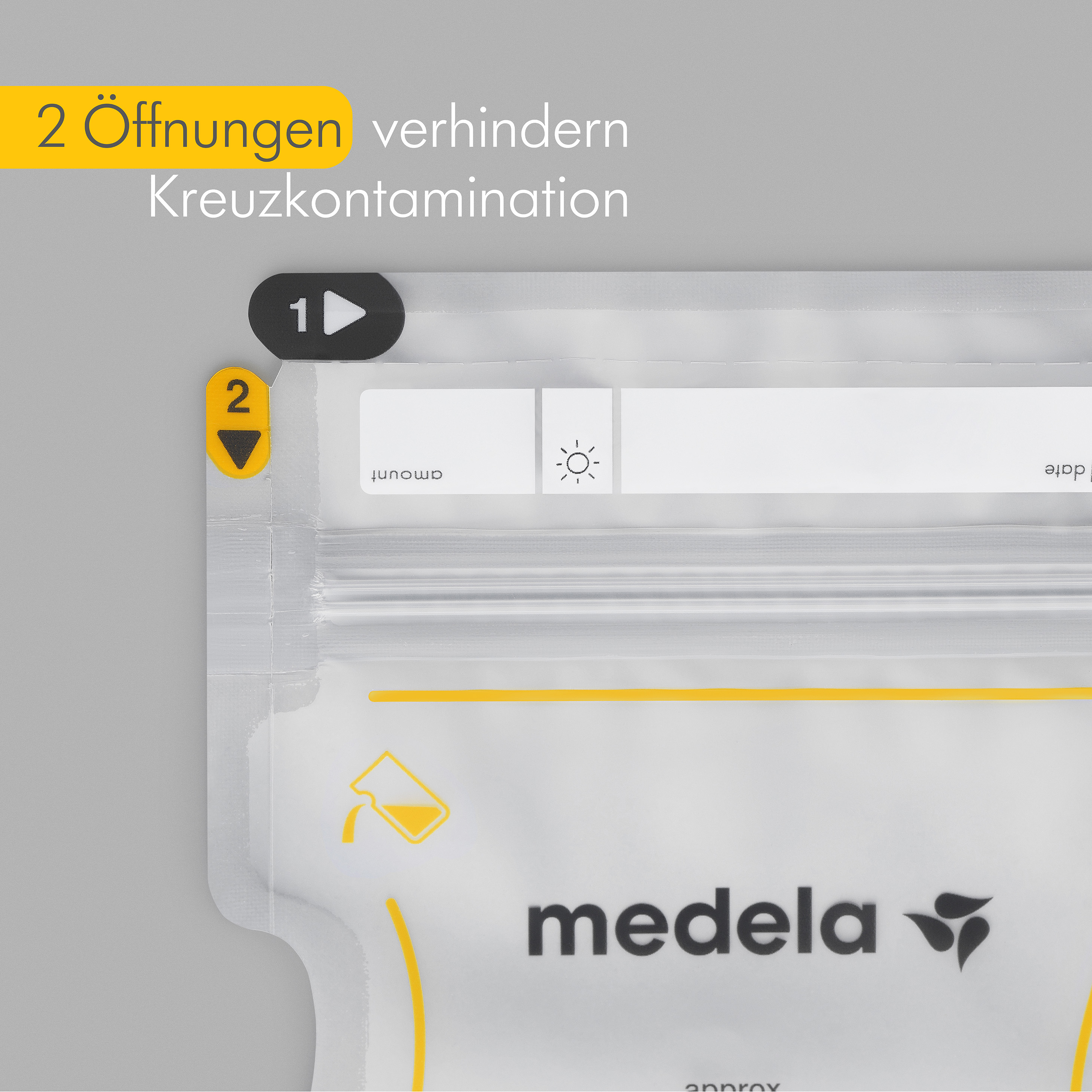 Medela Easy Pour Muttermilchbeutel - zum einfachen Ausgießen. Der Bildtext lautet: "2 Öffnungen verhindern Kreuzkontamination“
