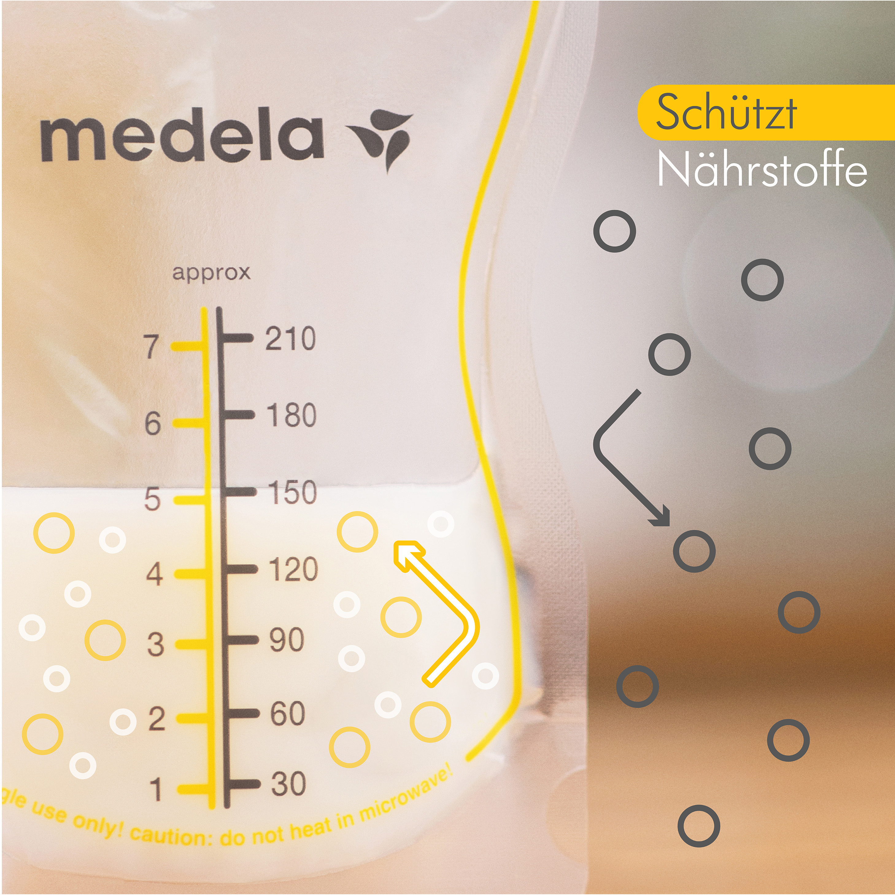 Medela Easy Pour Muttermilchbeutel - zum einfachen Ausgießen. Der Bildtext lautet: „Schützt Nährstoffe“