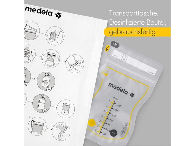 Medela Easy Pour Muttermilchbeutel - für einfaches Ausgießen - Der Bildtext lautet: „Transporttasche. Sanitized Beutel bereit zu verwenden “