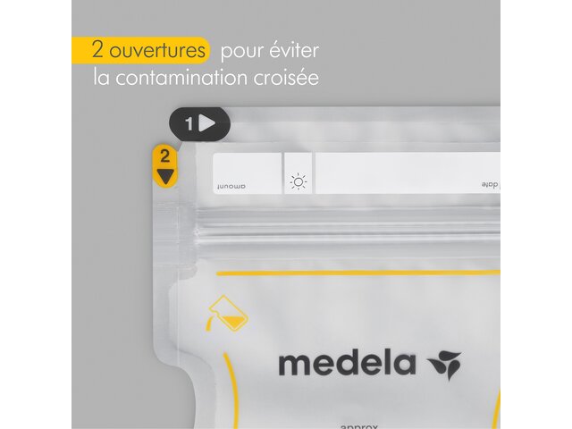 Sachets de conservation pour lait maternel - La texte de l'image : « 2 ouvertures pour éviter la contamination croisée »