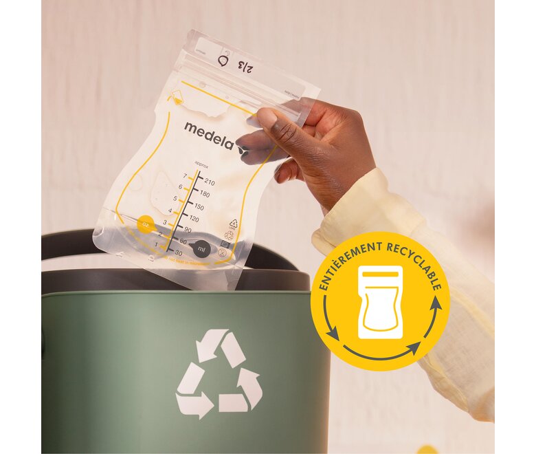 Medela Sachets de conservation pour lait maternel - Le texte de l'image se lit:« Entièrement recyclable »