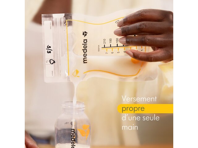 Medela Sachets de conservation pour lait maternel - Le texte de l'image se lit: « Versement propre d'une seule main »