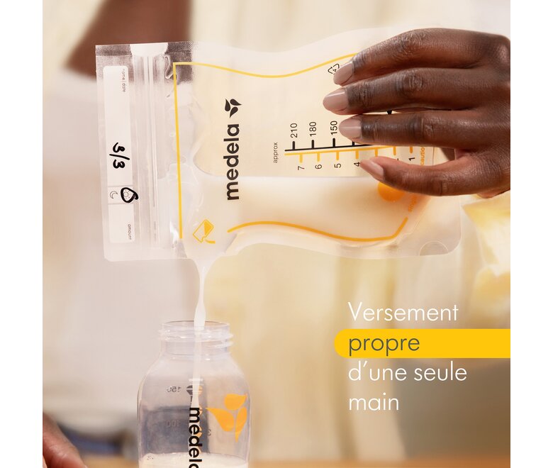 Medela Sachets de conservation pour lait maternel - Le texte de l'image se lit: « Versement propre d'une seule main »