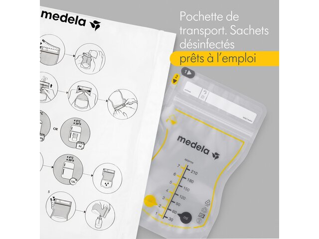 Medela Sachets de conservation pour lait maternel - Le texte de l'image se lit: « Pochette de transport. Sachets désinfectés prêts à l'emploi »
