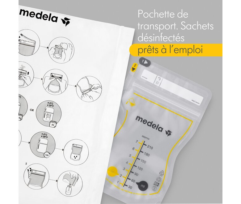 Medela Sachets de conservation pour lait maternel - Le texte de l'image se lit: « Pochette de transport. Sachets désinfectés prêts à l'emploi »