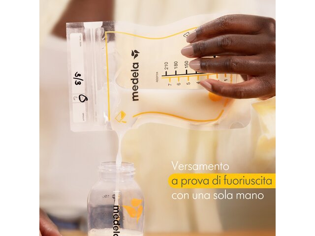 Sacchetti per la conservazione del latte materno Medela Easy Pour - Il testo dell'immagine recita: “Versamento a prova di fuoriuscita con una sola mano”