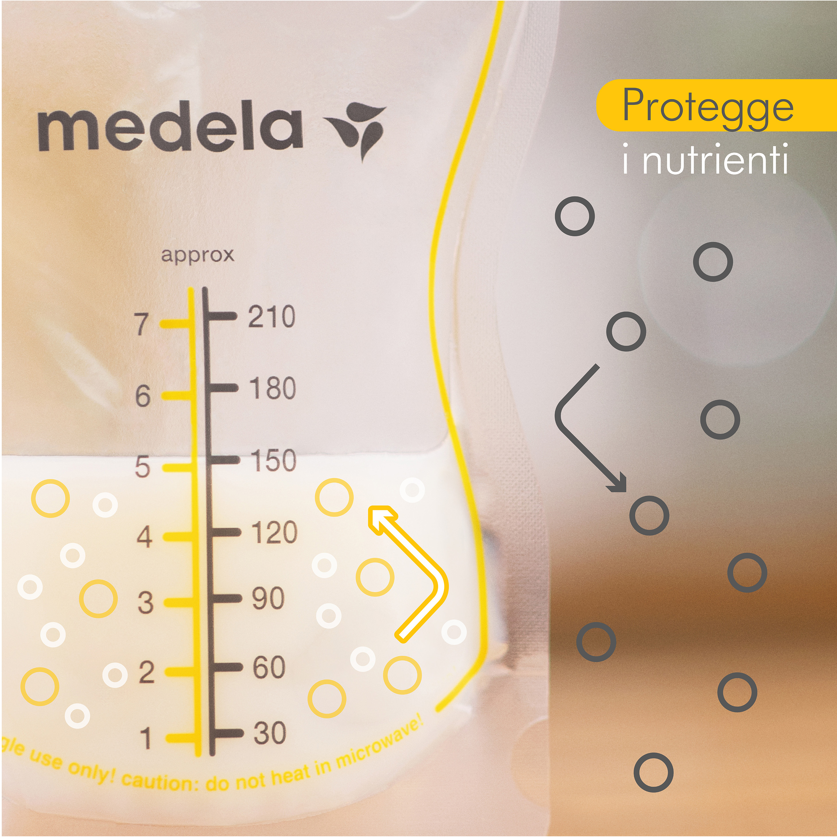 Sacchetti per la conservazione del latte materno Medela Easy Pour - Il testo dell'immagine recita: “Protegge i nutrienti”.