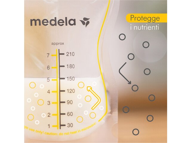 Sacchetti per la conservazione del latte materno Medela Easy Pour - Il testo dell'immagine recita: “Protegge i nutrienti”.