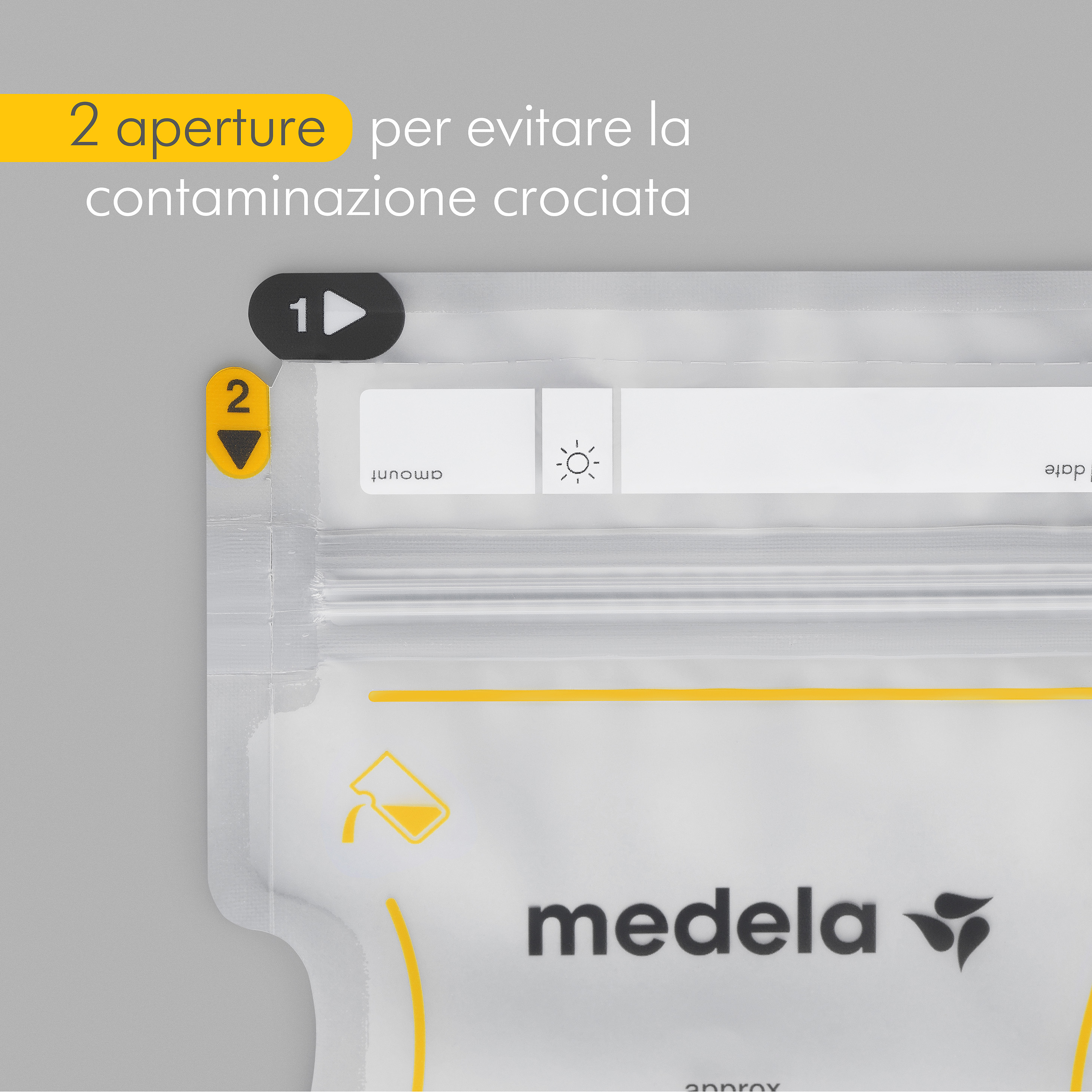 Sacche per la conservazione del latte materno Medela Easy Pour - Il testo dell'immagine recita: ”2 aperture per evitare la contaminazione crociata"