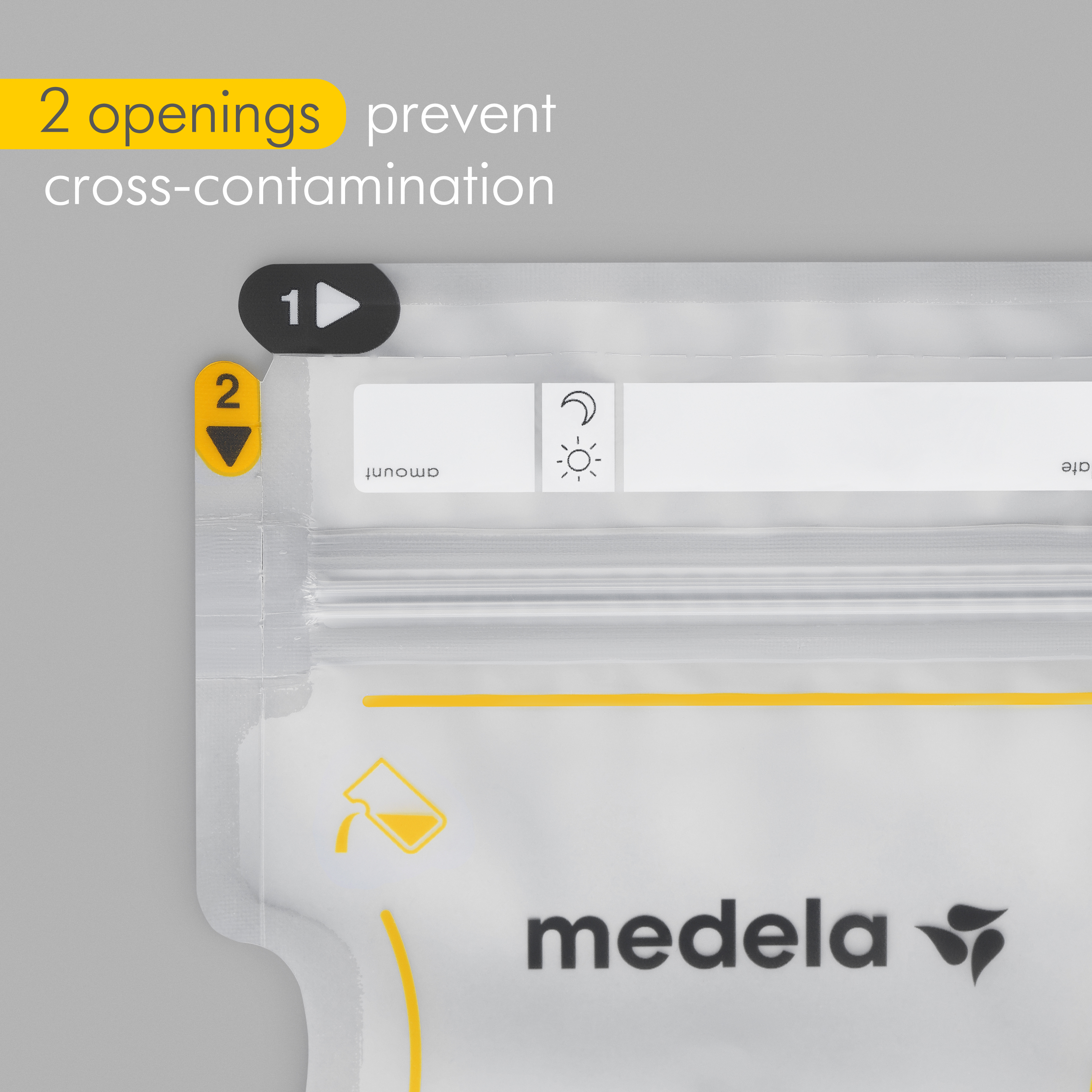 Medela Easy Pour Breast Milk Storage Bags - Image text reads: "2 openings prevent cross-contamination"