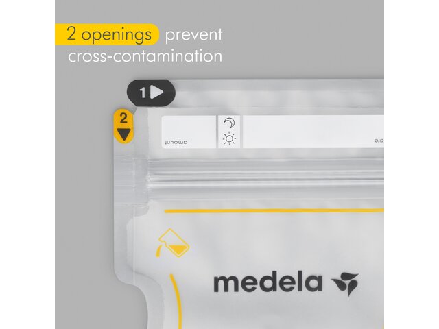 Medela Easy Pour Breast Milk Storage Bags - Image text reads: "2 openings prevent cross-contamination"