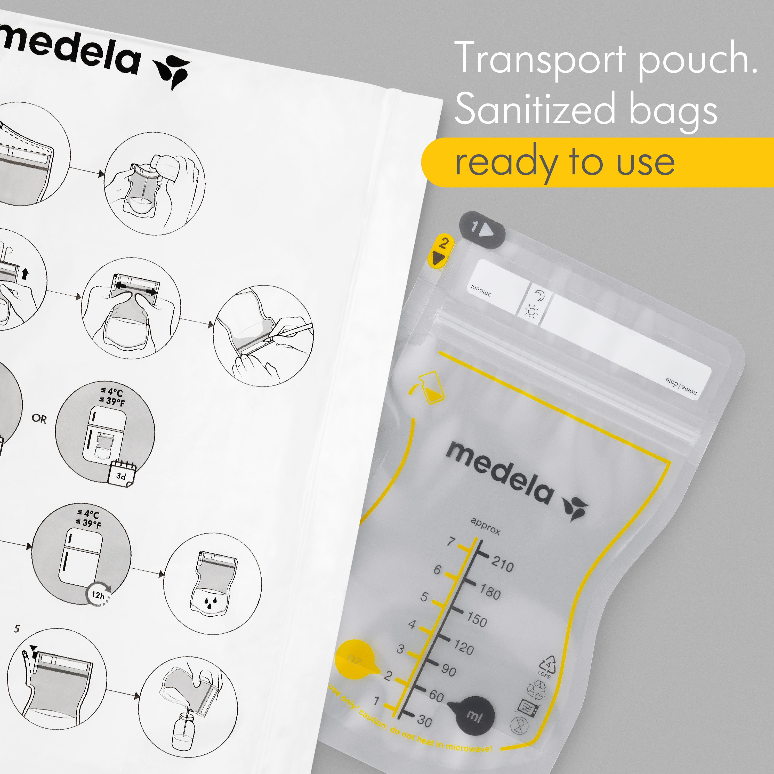 Medela Easy Pour Breast Milk Storage Bags - Image text reads: "Transport pouch. Sanitized bags ready to use"