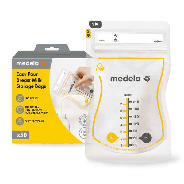 Retail packaging for Medela Easy Pour Breast Milk Storage Bags, 50 count | No Leaks, BPA free