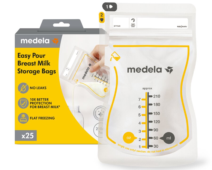 Retail packaging for Medela Easy Pour Breast Milk Storage Bags, 25 count | No Leaks, BPA free