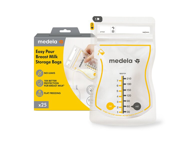 Retail packaging for Medela Easy Pour Breast Milk Storage Bags, 25 count | No Leaks, BPA free