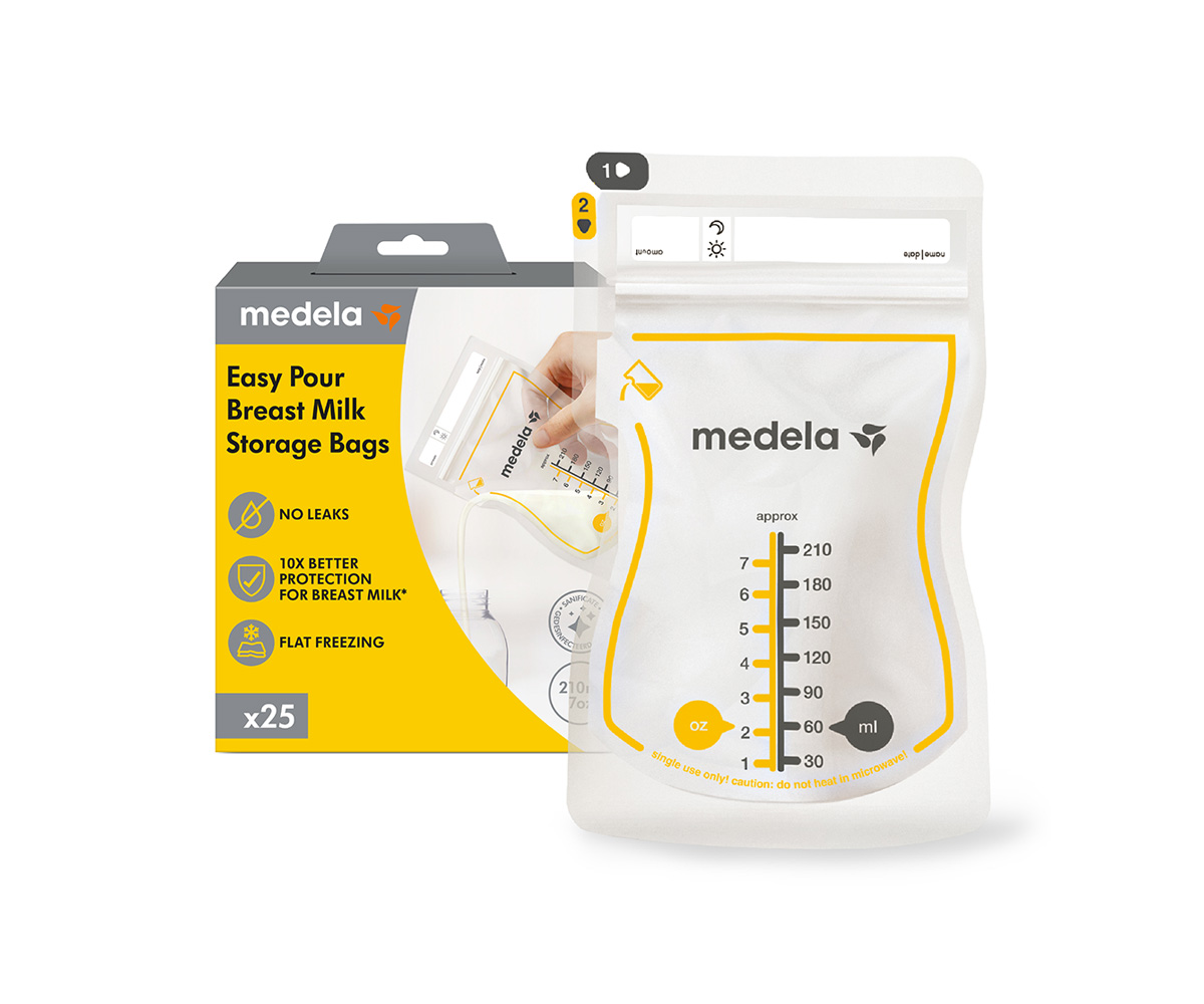 Medela Easy Pour breast milk storage bag displayed beside its retail box