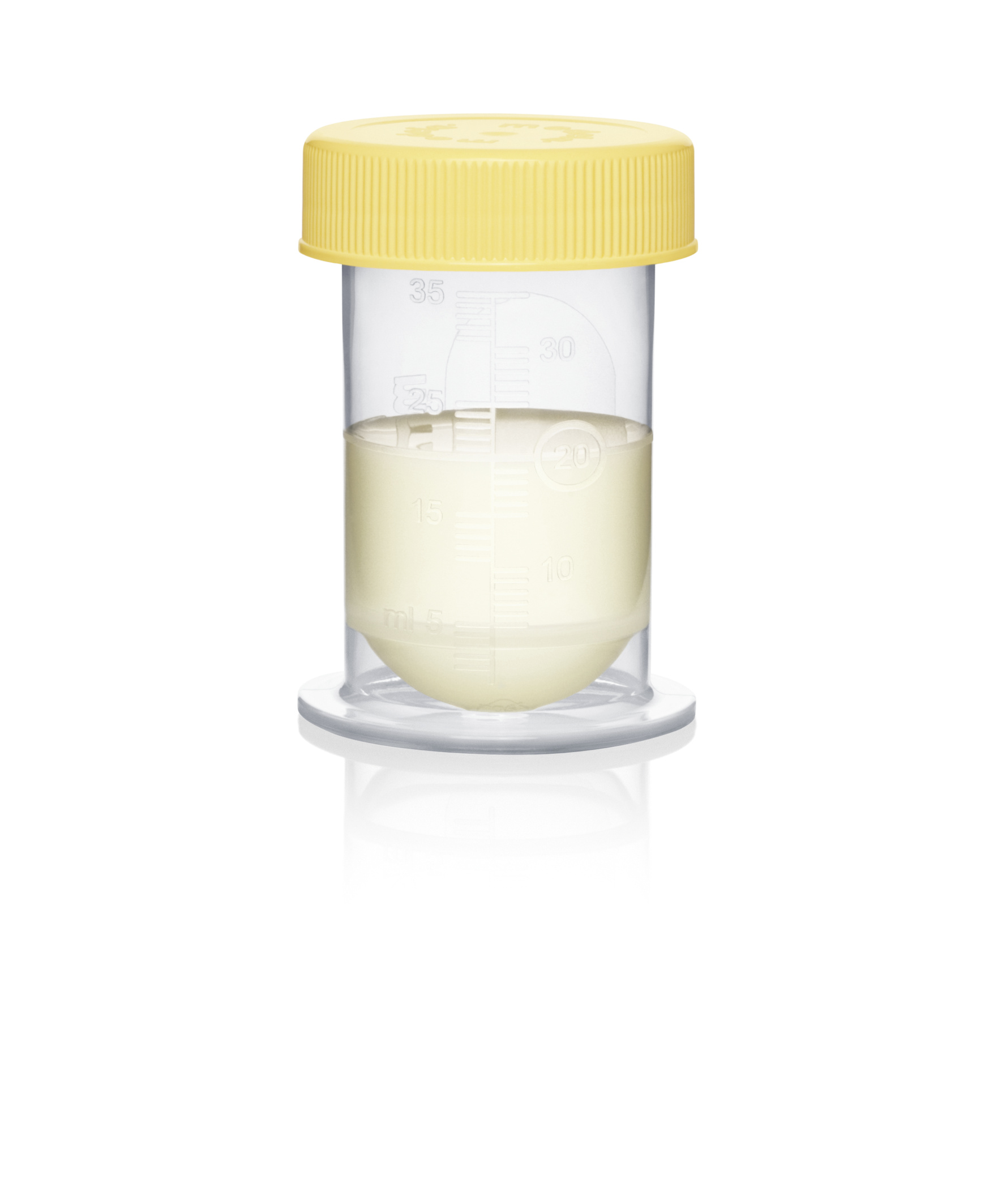 Filled 35mL Medela Colostrum Container has a curved bottom to minimizes loss of colostrum