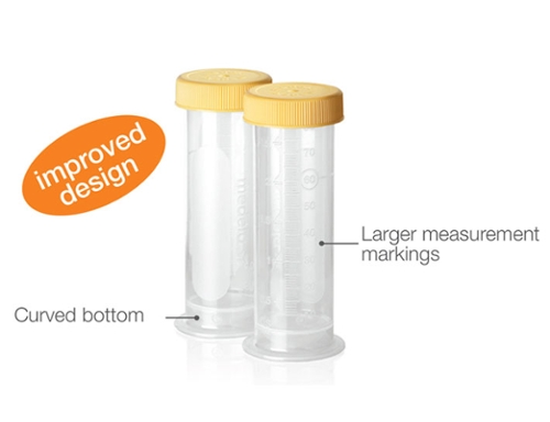 Medela Reusable bottles 2.7 oz - Image text reads: "Improved Design", "Curved bottom", "Larger Measurement Markings"