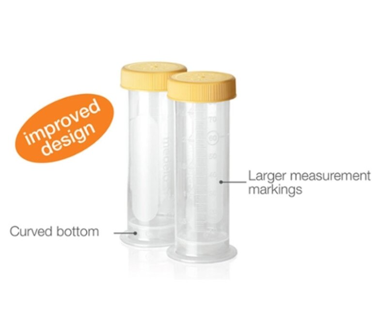 Medela Reusable bottles 2.7 oz - Image text reads: "Improved Design", "Curved bottom", "Larger Measurement Markings"