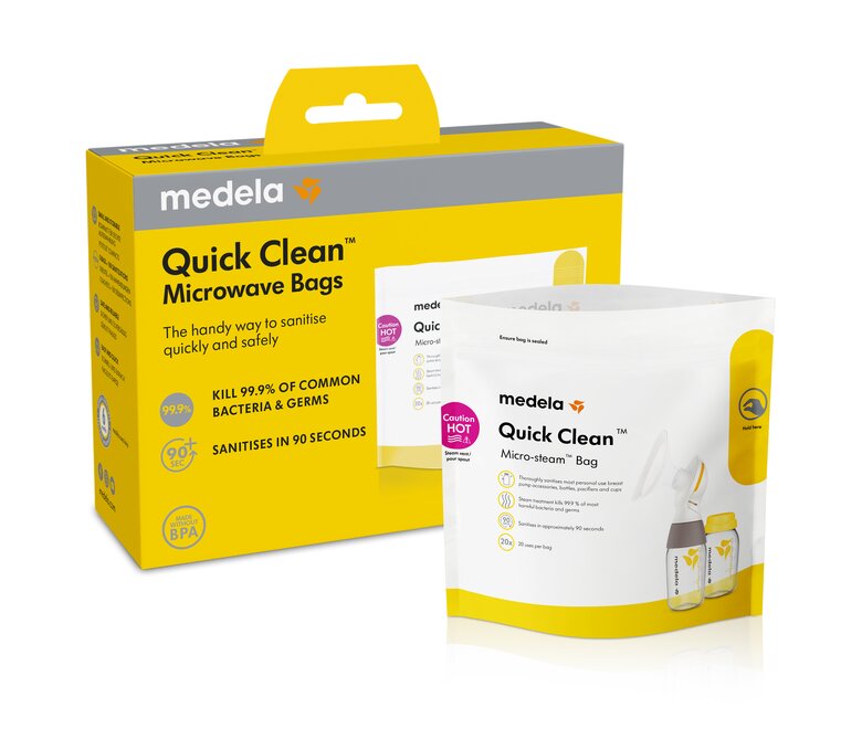 Packaging for the Medela Quick Clean™ Microwave Bag and a Micro Steam™ bag placed in front of it.