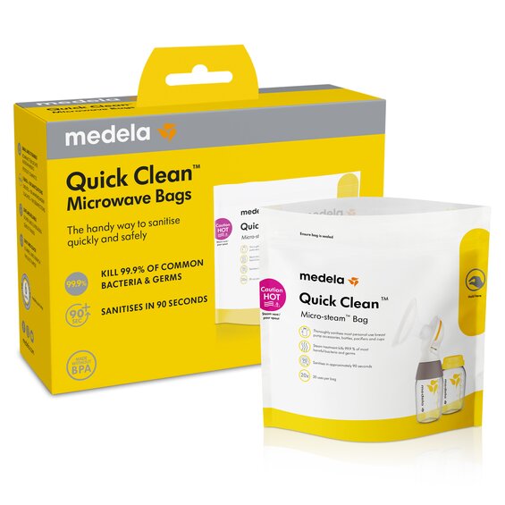 Packaging for the Medela Quick Clean™ Microwave Bag and a Micro Steam™ bag placed in front of it.