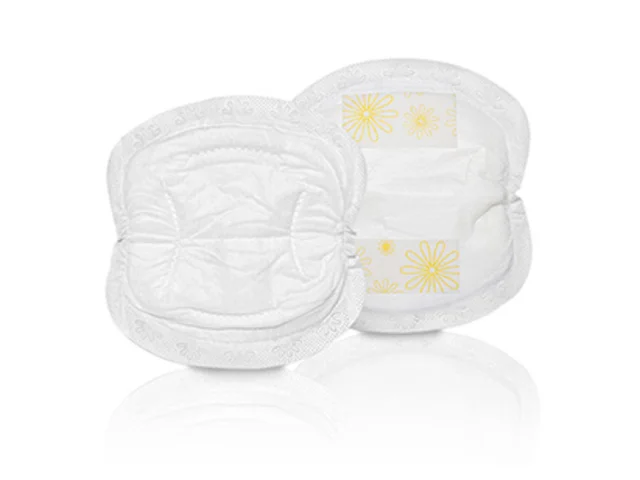 Vista frontal e traseira das almofadas de amamentação descartáveis Medela Safe & Dry™.