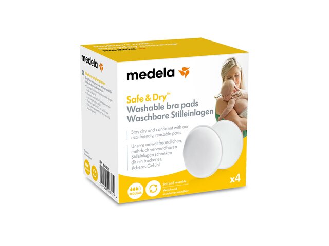 Retail packaging for Medela Safe & Dry™ Washable bra pads, x4