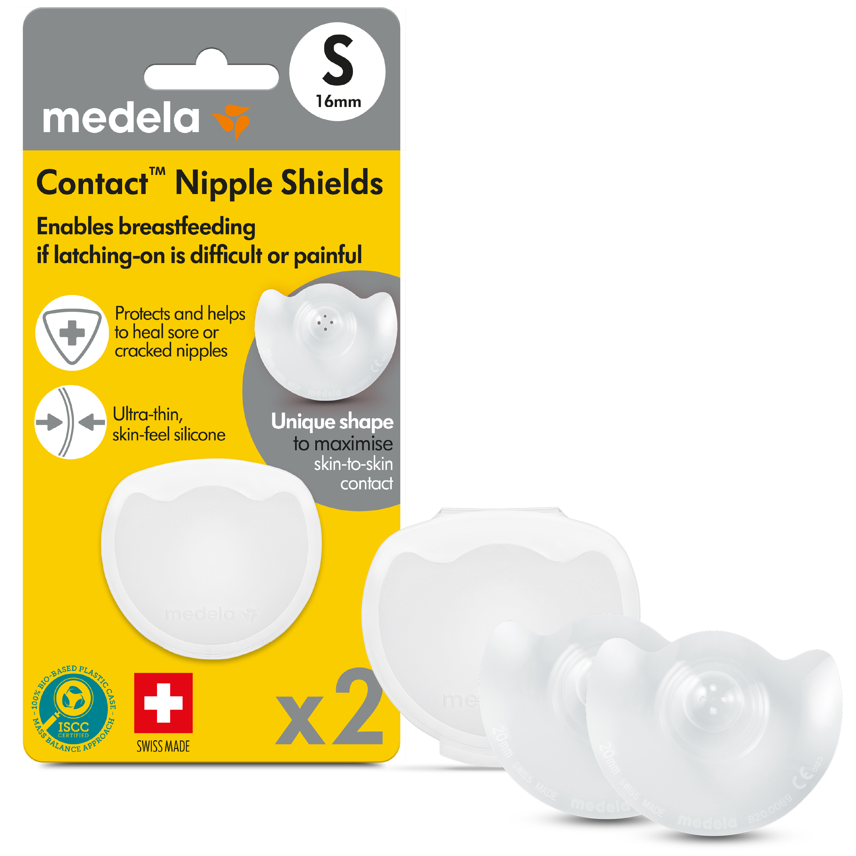 Retail packaging for Medela Contact™ Nipple Shields x2, 16mm (S)