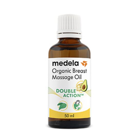 Un flacon non ouvert de 50ml/1.69 fl. oz d'huile de massage pour les seins Medela Organic.