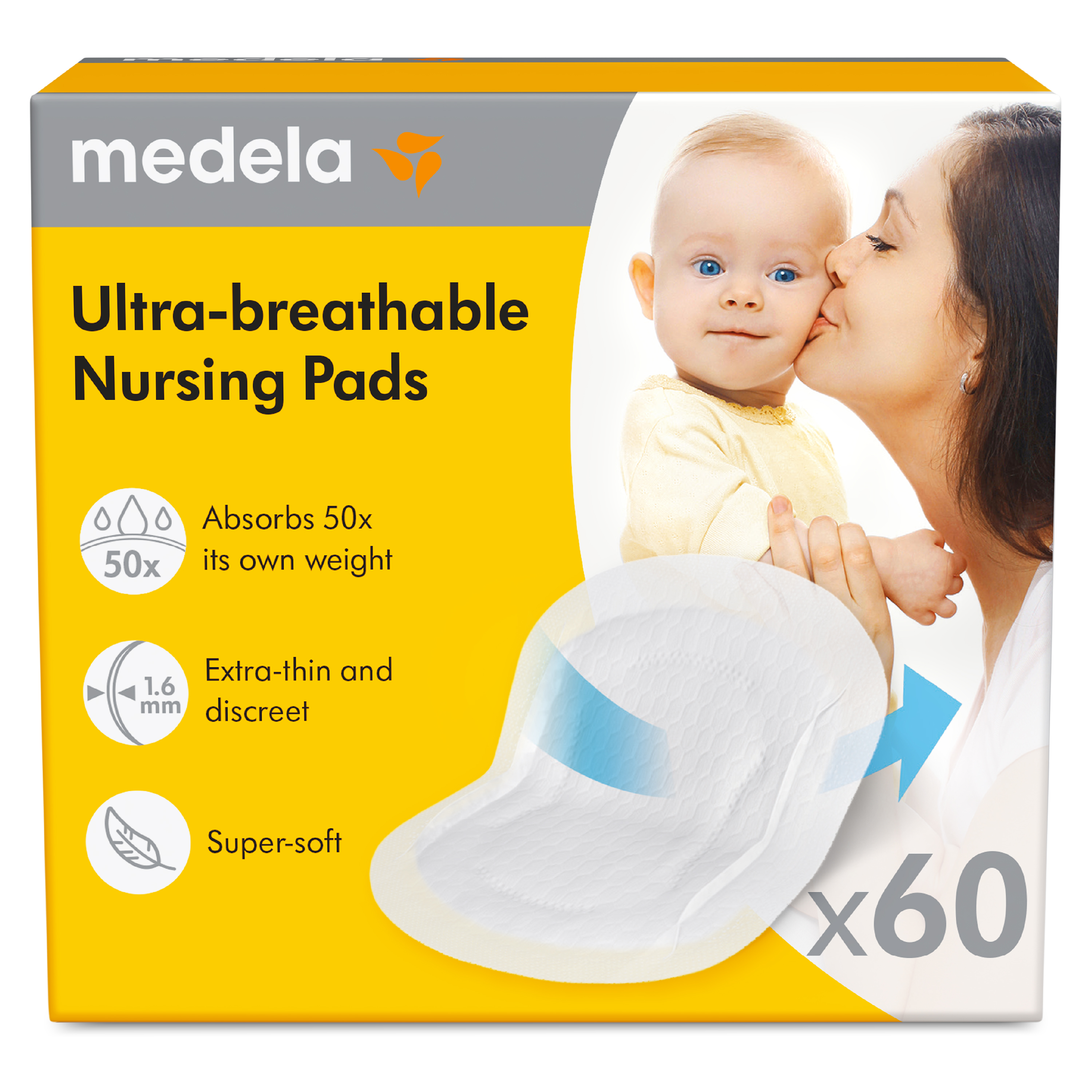 Retail packaging for the Medela Ultra-breathable Nursing Pads x60