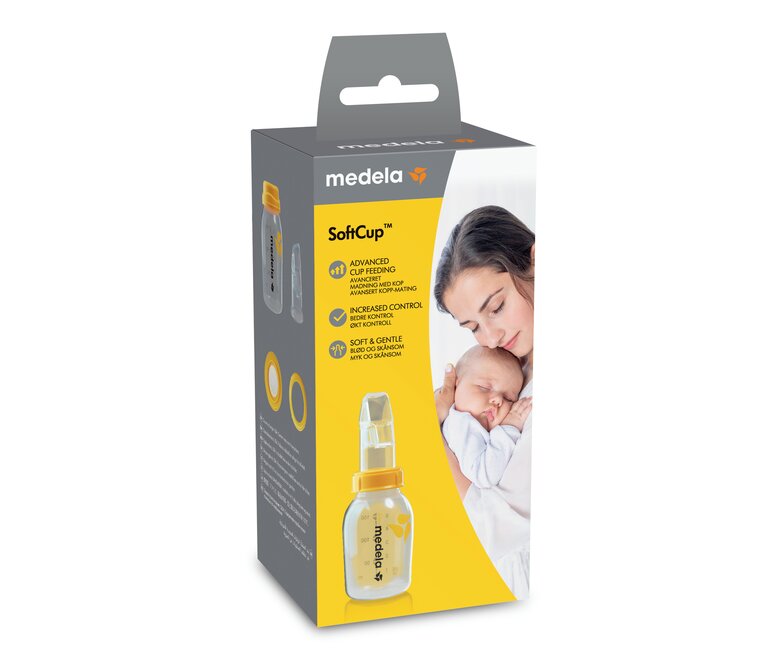 Retail packaging for Medela SoftCup™, front view