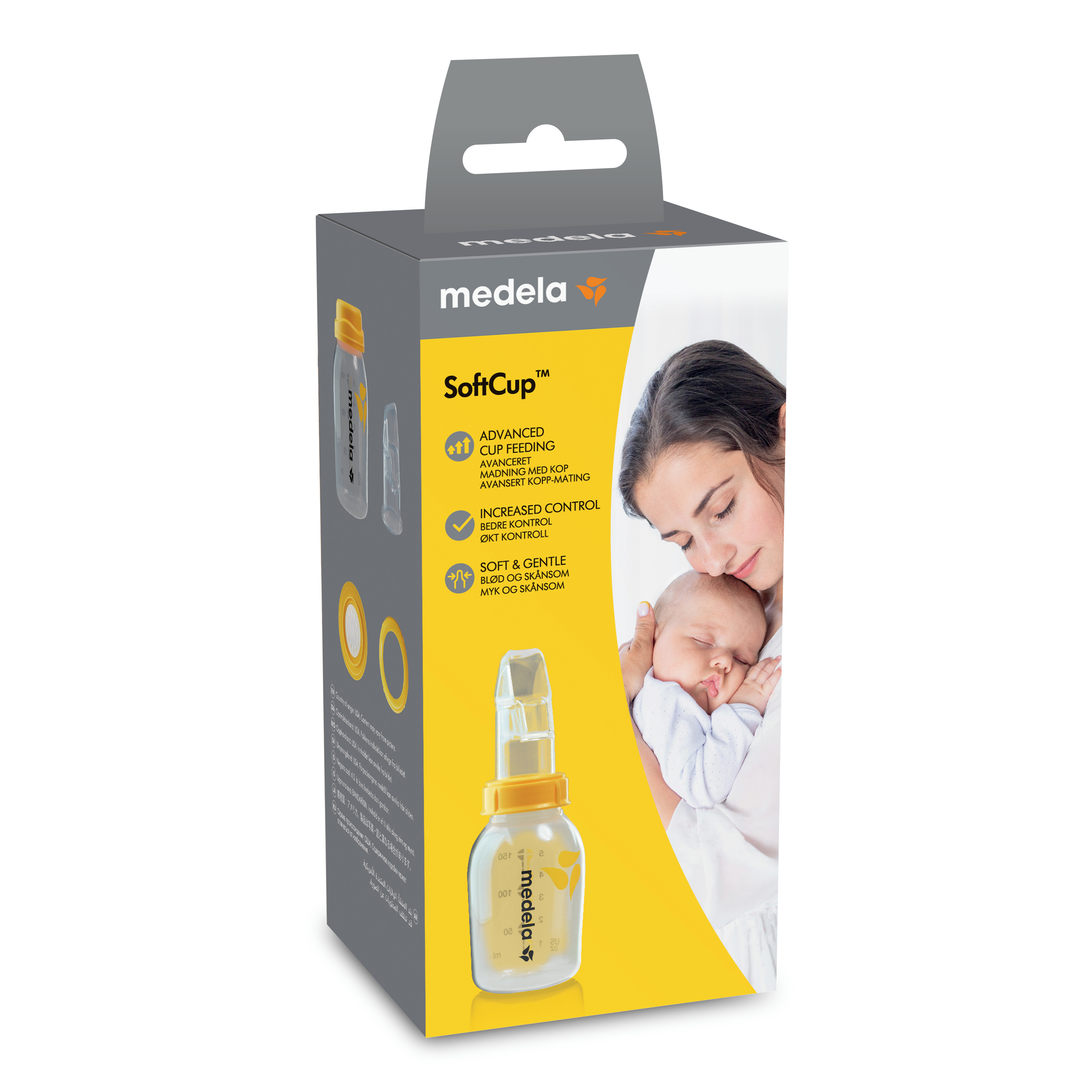 Retail packaging for Medela SoftCup™, front view