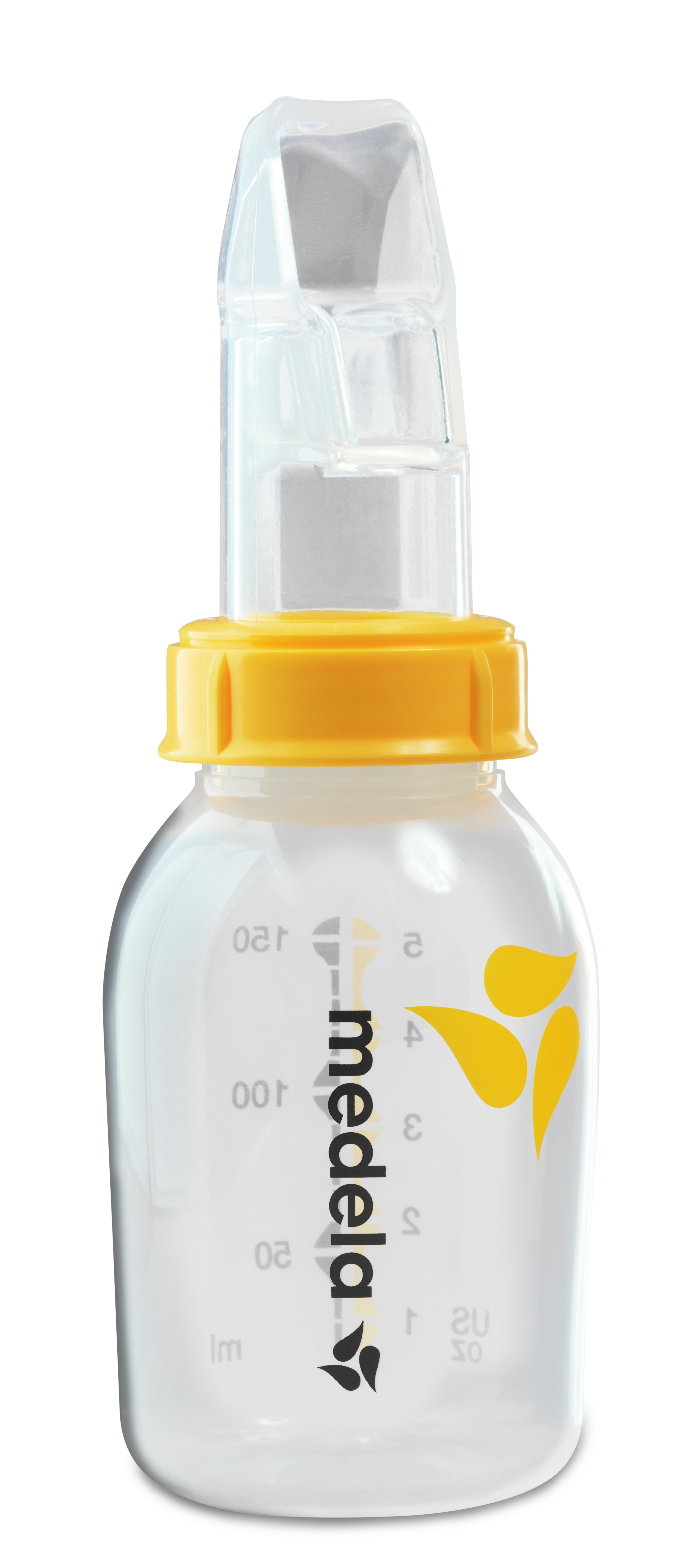 An advanced cup feeder, the Medela SoftCup™. It is connected to a reusable Medela breast milk storage bottle.