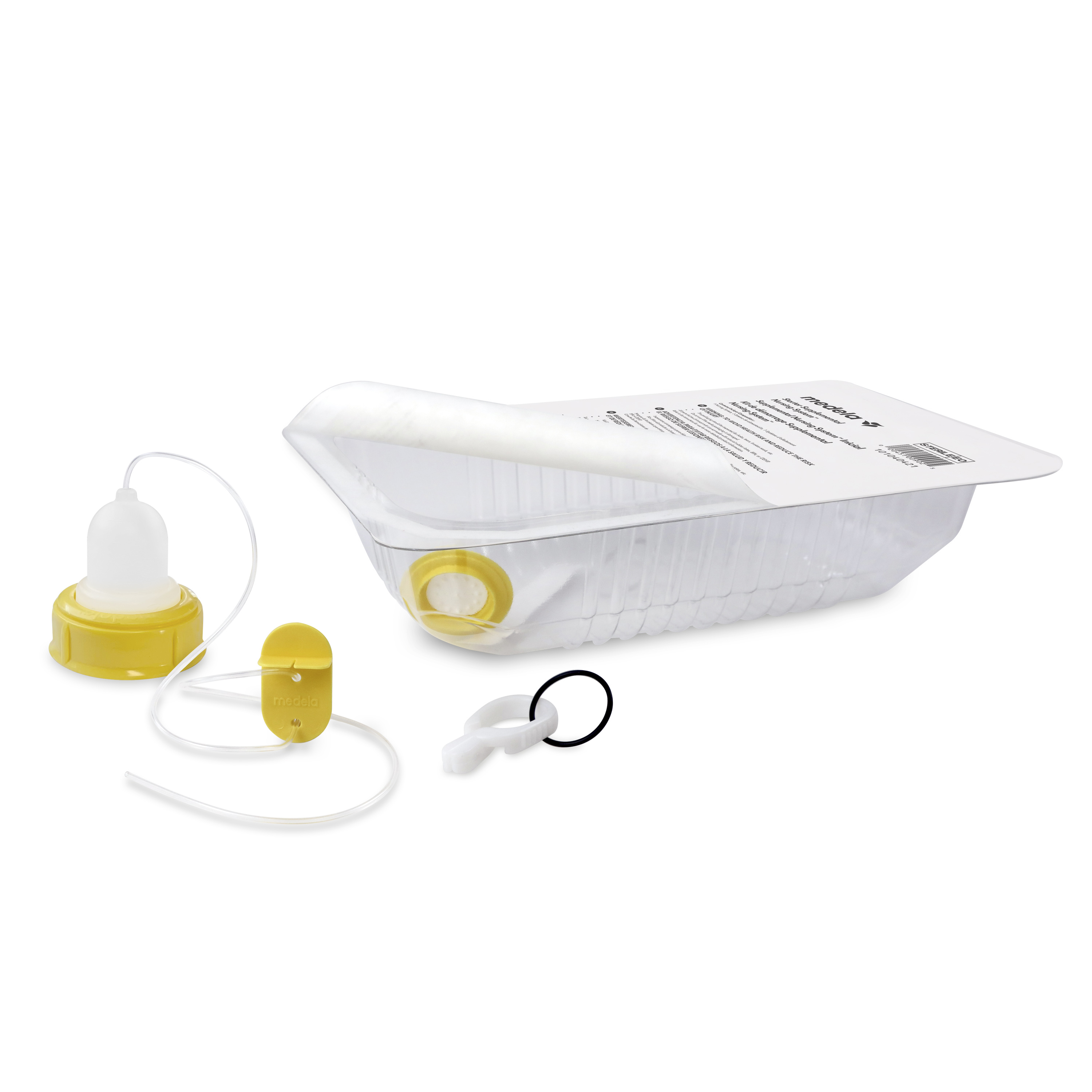 Open Medela Starter SNS™ with parts inside and outside the 80 ml basin.
