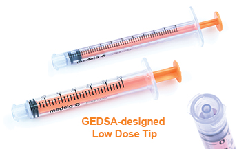 Two Medela ENFit syringes with GEDSA-designed Low Dose Tips, one 1mL and one 3mL.