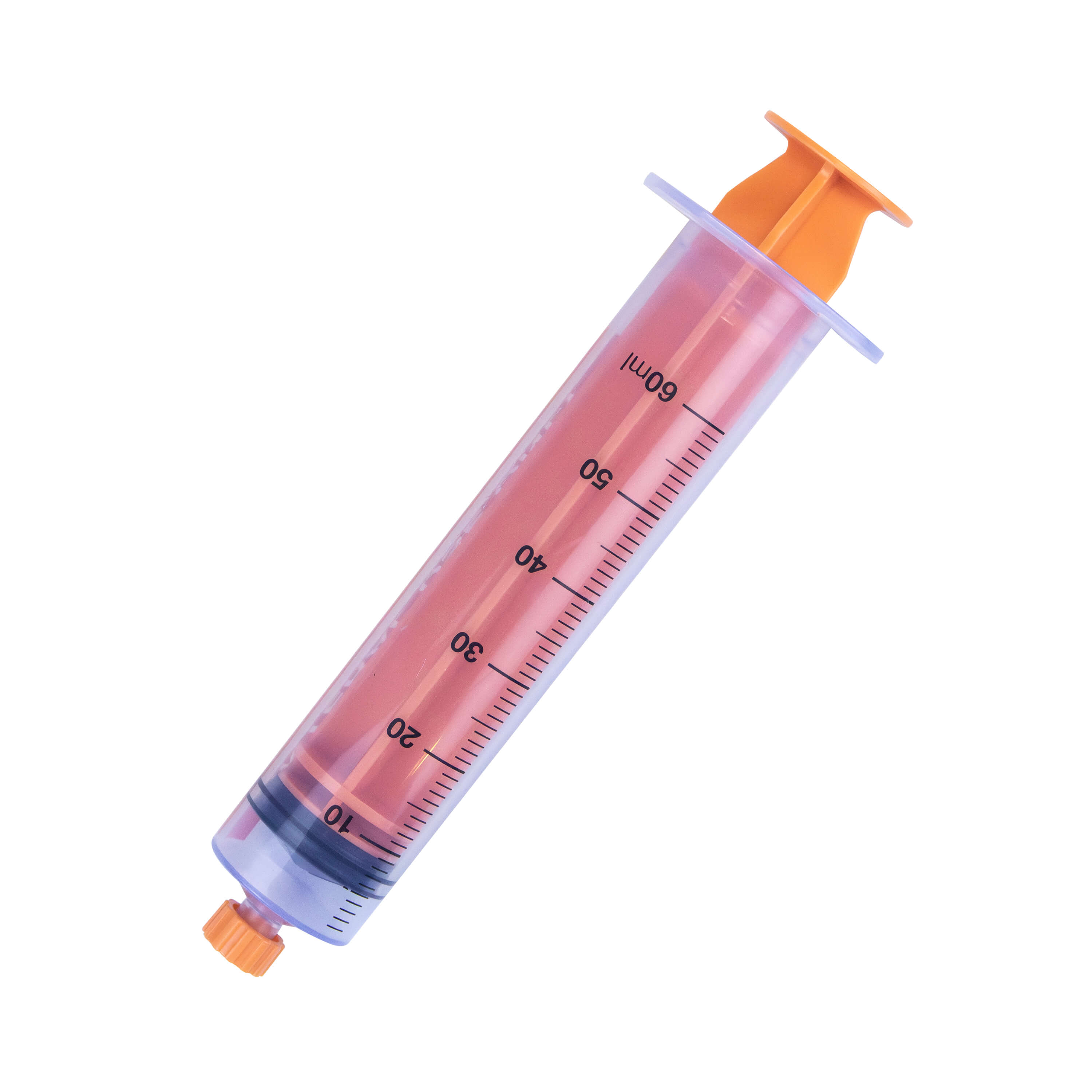 Side view of 60 mL ENFit Syringe with plunger pushed down.