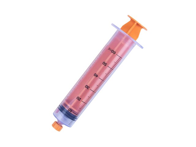 Side view of 60 mL ENFit Syringe with plunger pushed down.