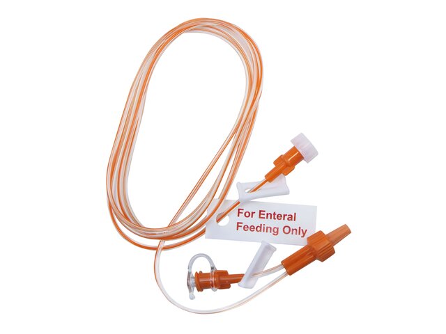 Full image of TwistLok Extension set with port for medicine.  Tag reads For Enteral Feeding Only