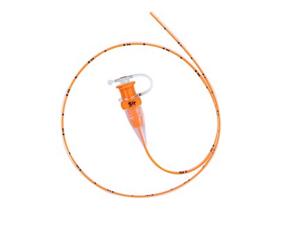Full image of TwistLok silicone enteral feeding tube, showing port and tube with markings.