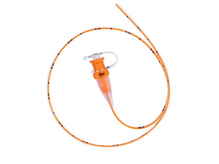 Full image of TwistLok silicone enteral feeding tube, showing port and tube with markings.