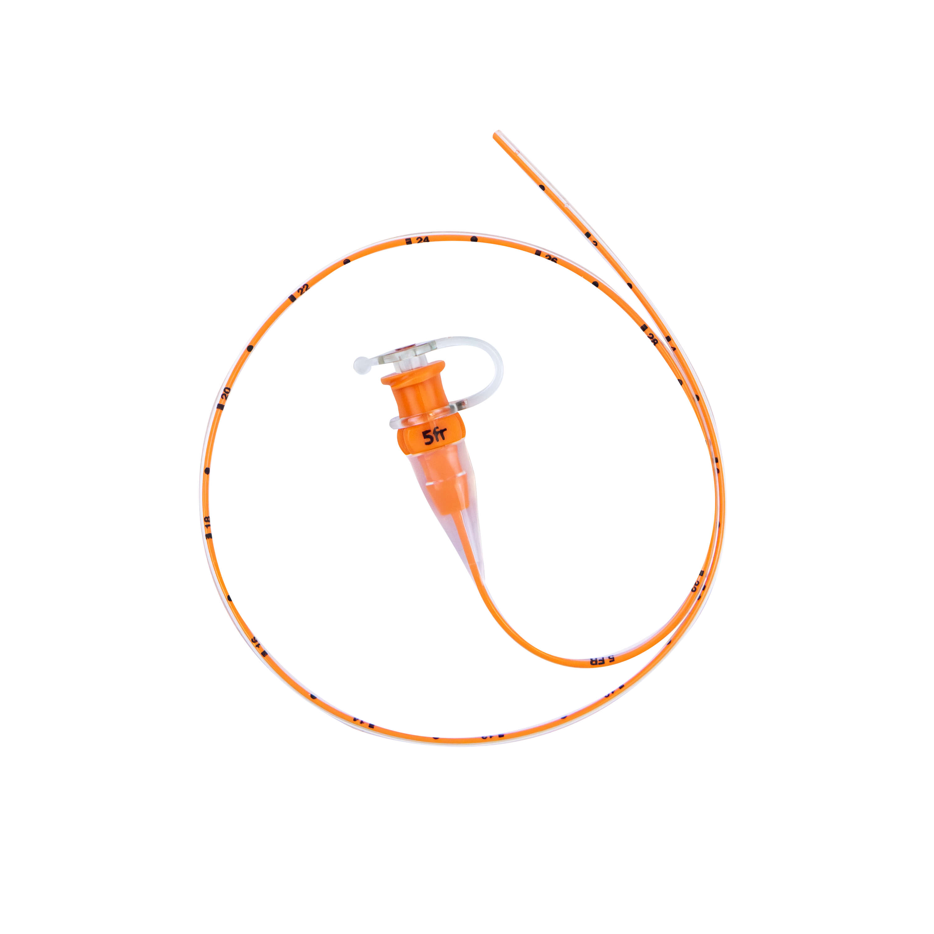 Full image of TwistLok silicone enteral feeding tube, showing port and tube with markings.