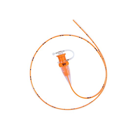 Full image of TwistLok silicone enteral feeding tube, showing port and tube with markings.