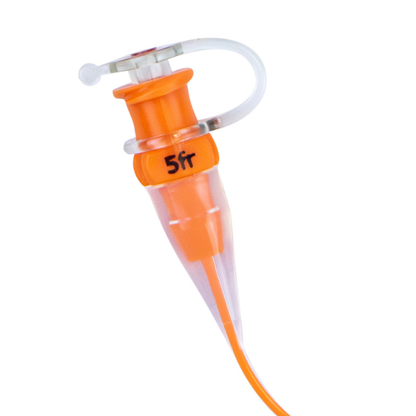 Close up showing French size label on port of TwistLok silicone enteral feeding tubing.