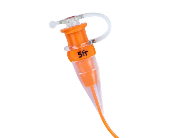 Close up showing French size label on port of TwistLok silicone enteral feeding tubing.