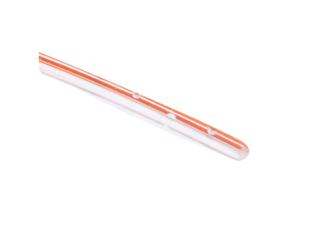 Close up of hand-drilled side holes on Twistlok silicone enteral feeding tubing.