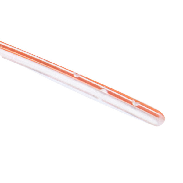 Close up of hand-drilled side holes on Twistlok silicone enteral feeding tubing.