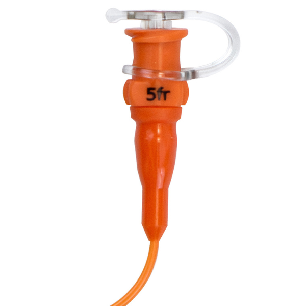 Close up of port showing 5FR size marking on TwistLok polyurethane enteral feeding tubing.