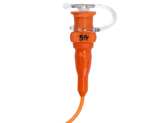 Close up of port showing 5FR size marking on TwistLok polyurethane enteral feeding tubing.