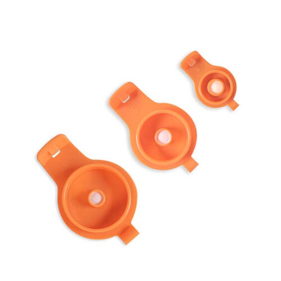 Three different sizes of Medela TwistLok® GraviFeed® Syringe Lids, 10 mL, 30mL and 60mL.