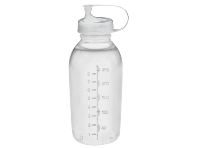 The Medela 250 ml Breast milk bulk preparation system, colorless and BPA-free, includes a storage bottle with a transfer lid.